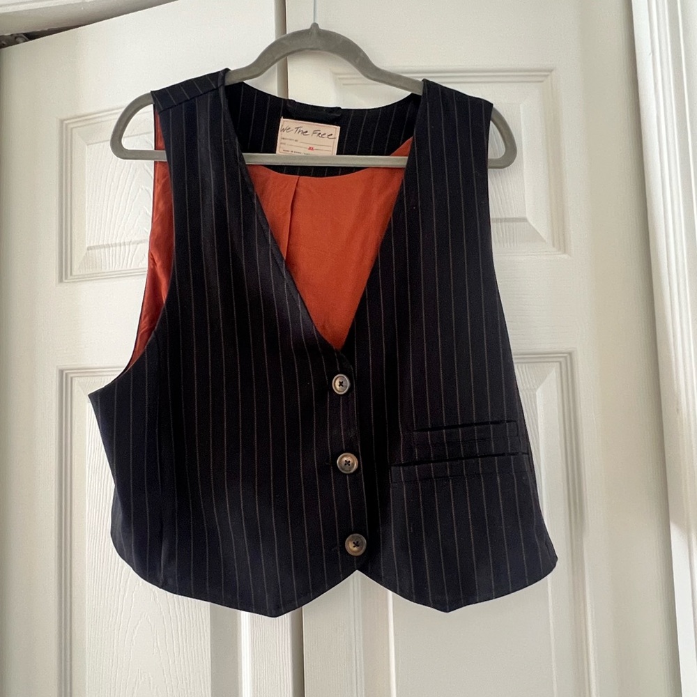 We The Free Black Pinstripe Vest with Red Interior